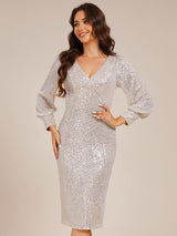 ever MAZIE|Sequin Long Sleeve Pencil Bodycon V-Neck Midi Wedding Guest Dress