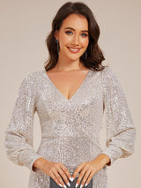 ever MAZIE|Sequin Long Sleeve Pencil Bodycon V-Neck Midi Wedding Guest Dress