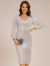ever MAZIE|Sequin Long Sleeve Pencil Bodycon V-Neck Midi Wedding Guest Dress