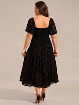 pretty BLOOM|Plus Size Printed Velvet A-Line Short Sleeve Tea Length Wedding Guest Dress