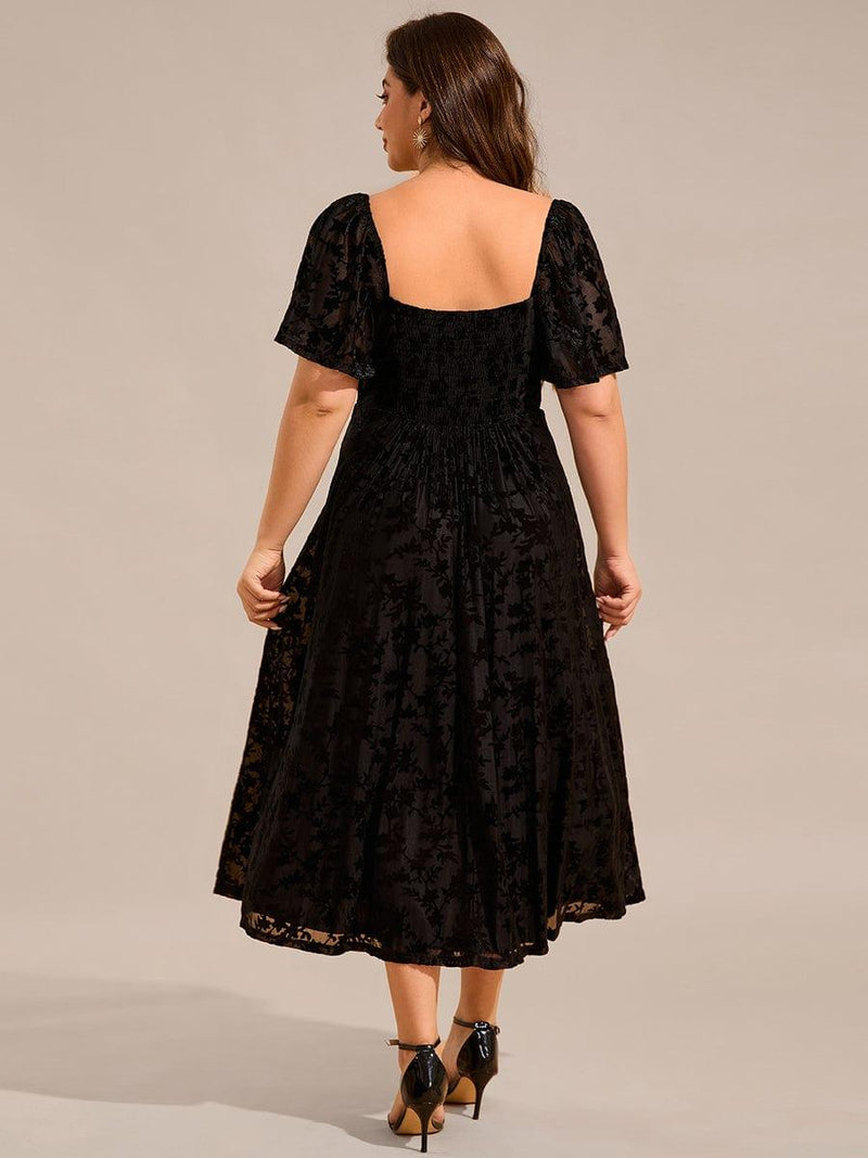 pretty BLOOM|Plus Size Printed Velvet A-Line Short Sleeve Tea Length Wedding Guest Dress