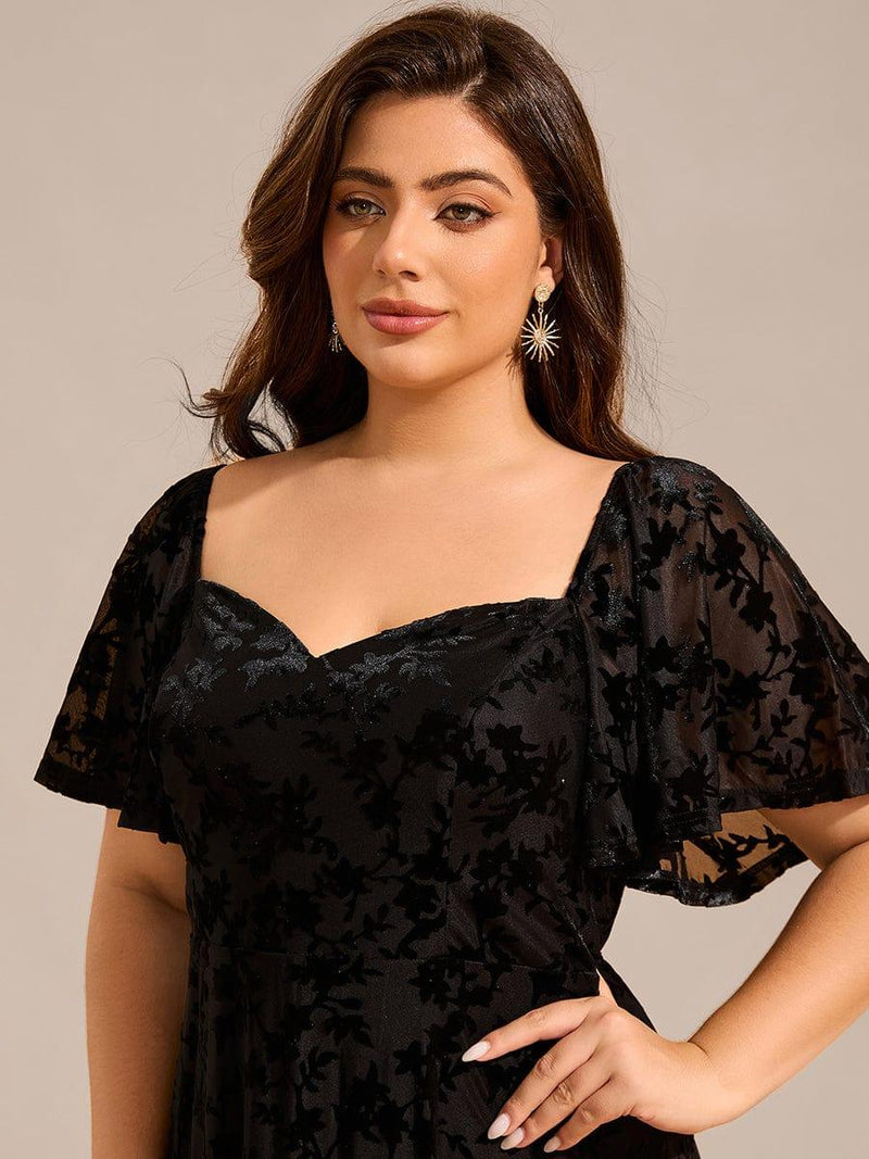 ever BLOOM|Elegant Stretchy Short Sleeve Tea Length Velvet Wedding Guest Dress