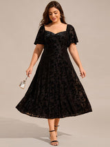 ever BLOOM|Elegant Stretchy Short Sleeve Tea Length Velvet Wedding Guest Dress