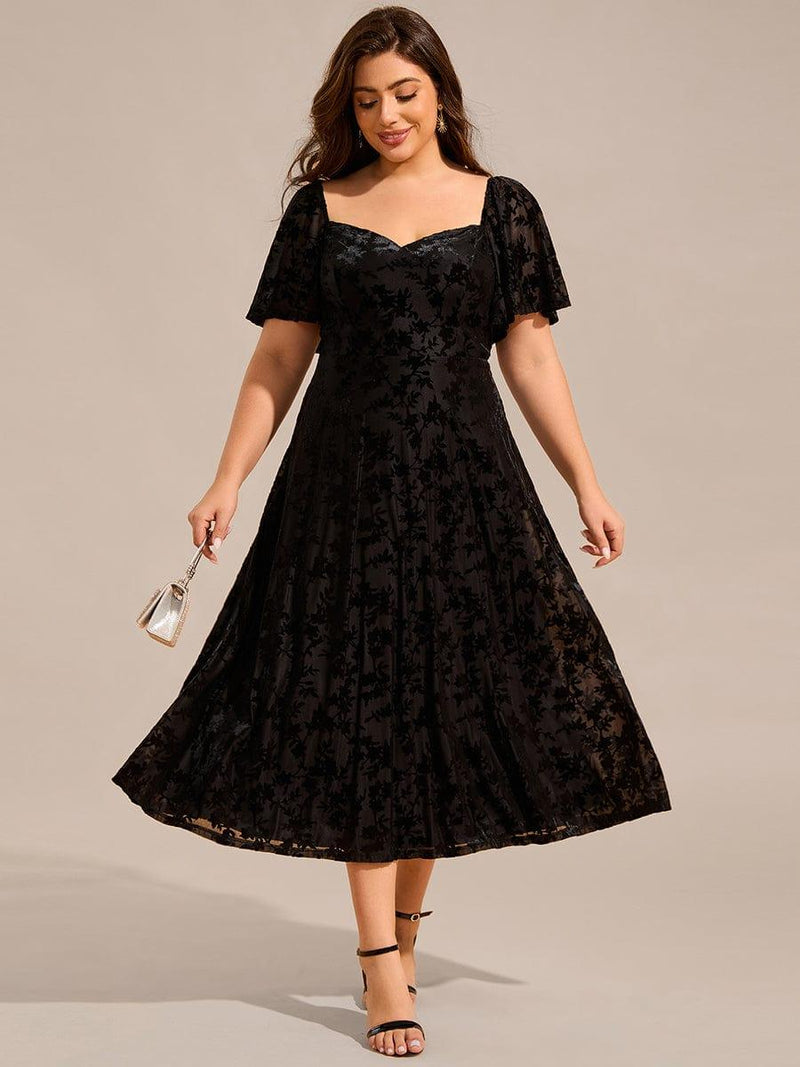 ever BLOOM|Elegant Stretchy Short Sleeve Tea Length Velvet Wedding Guest Dress