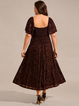 ever BLOOM|Elegant Stretchy Short Sleeve Tea Length Velvet Wedding Guest Dress