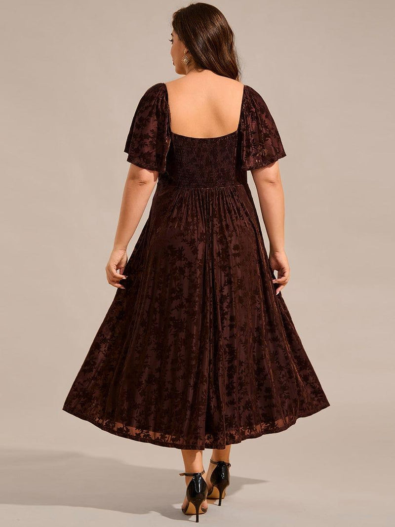 ever BLOOM|Elegant Stretchy Short Sleeve Tea Length Velvet Wedding Guest Dress