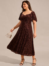 pretty BLOOM|Plus Size Printed Velvet A-Line Short Sleeve Tea Length Wedding Guest Dress