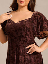 pretty BLOOM|Plus Size Printed Velvet A-Line Short Sleeve Tea Length Wedding Guest Dress