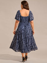 pretty BLOOM|Plus Size Printed Velvet A-Line Short Sleeve Tea Length Wedding Guest Dress