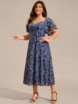 ever BLOOM|Elegant Stretchy Short Sleeve Tea Length Velvet Wedding Guest Dress