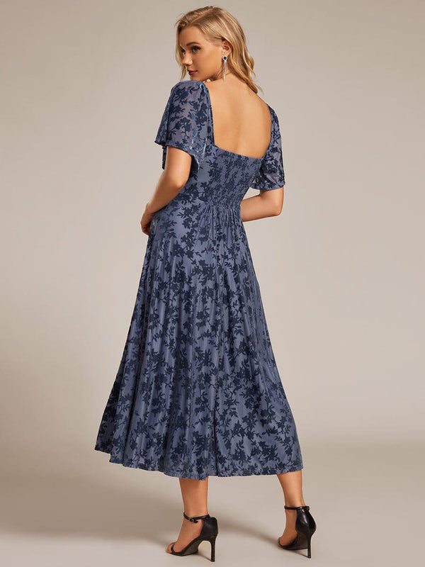 ever BLOOM|Elegant Stretchy Short Sleeve Tea Length Velvet Wedding Guest Dress