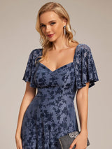 ever BLOOM|Elegant Stretchy Short Sleeve Tea Length Velvet Wedding Guest Dress