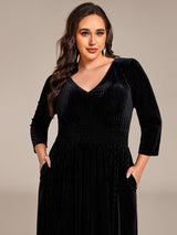pretty ARLET|Plus Size Elegant Pleated Velvet Stretchy Tea Length Wedding Guest Dress