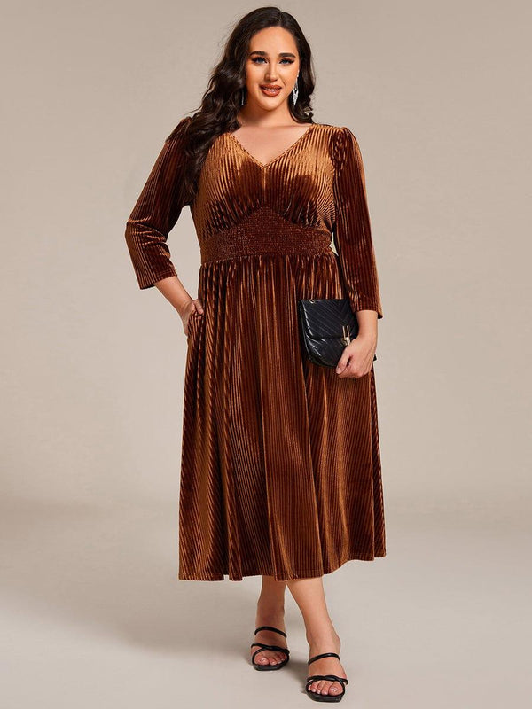 pretty ARLET|Plus Size Elegant Pleated Velvet Stretchy Tea Length Wedding Guest Dress