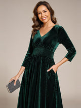 ever ARLET|Long Sleeve High Stretch Velvet Tea Length Wedding Guest Dress