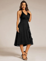 Chic V-Neck Halter Bow High-Waist Sleeveless Lotus Leaf Wedding Guest Dress