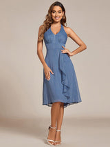 Chic V-Neck Halter Bow High-Waist Sleeveless Lotus Leaf Wedding Guest Dress