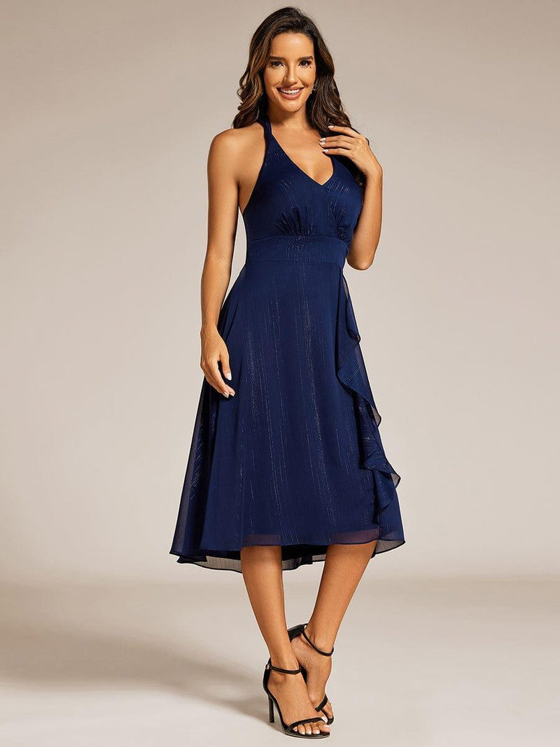 Chic V-Neck Halter Bow High-Waist Sleeveless Lotus Leaf Wedding Guest Dress