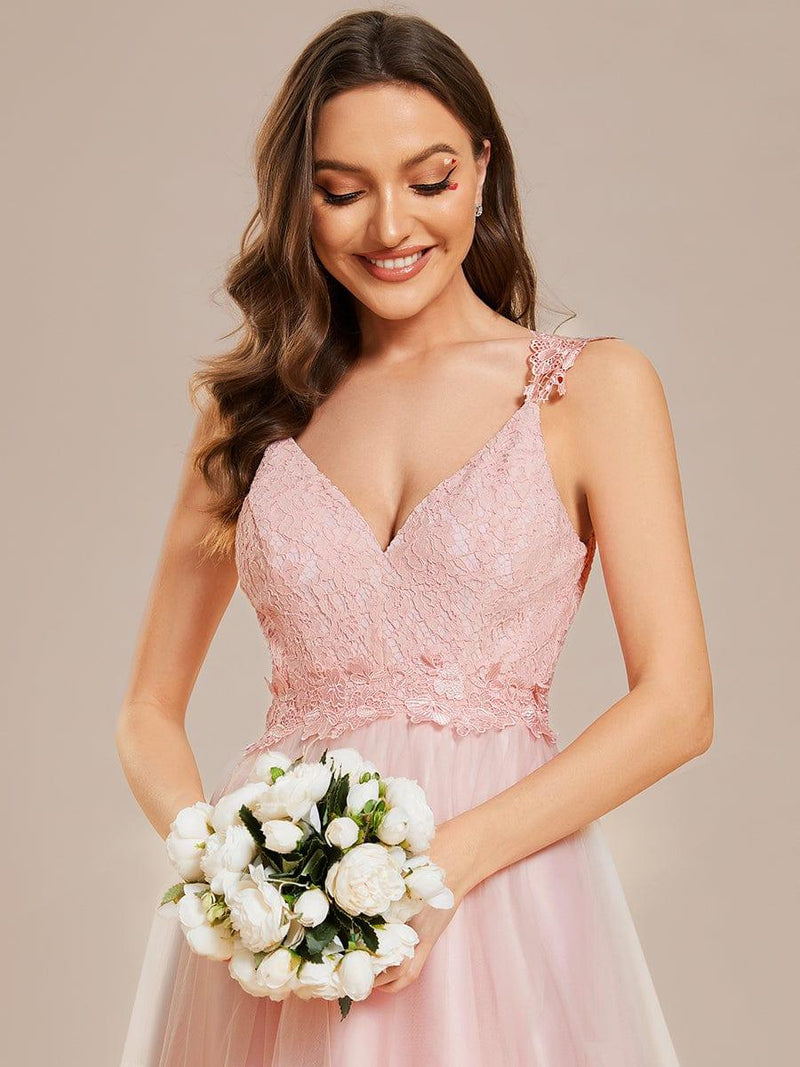 Double V Neck Lace Bodice Open Back Tulle Wedding Dress