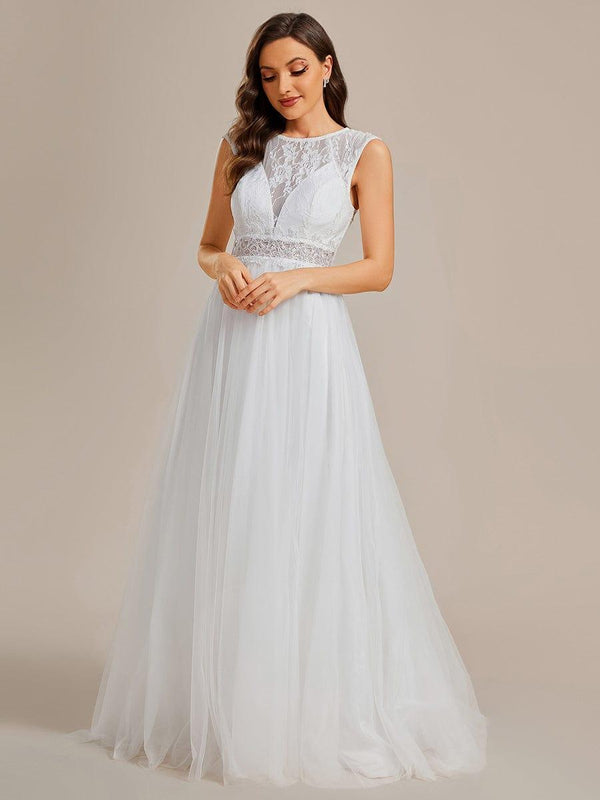 PERESIA'S BRIDE|Sleeveless See-Through Round Neckline Lace Embroidery Wedding Dress