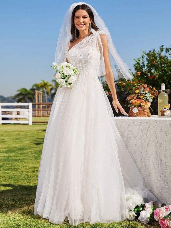 MOROELLE'S BRIDE|One-Shoulder Backless Tulle Wedding Dress with Front Floral Print
