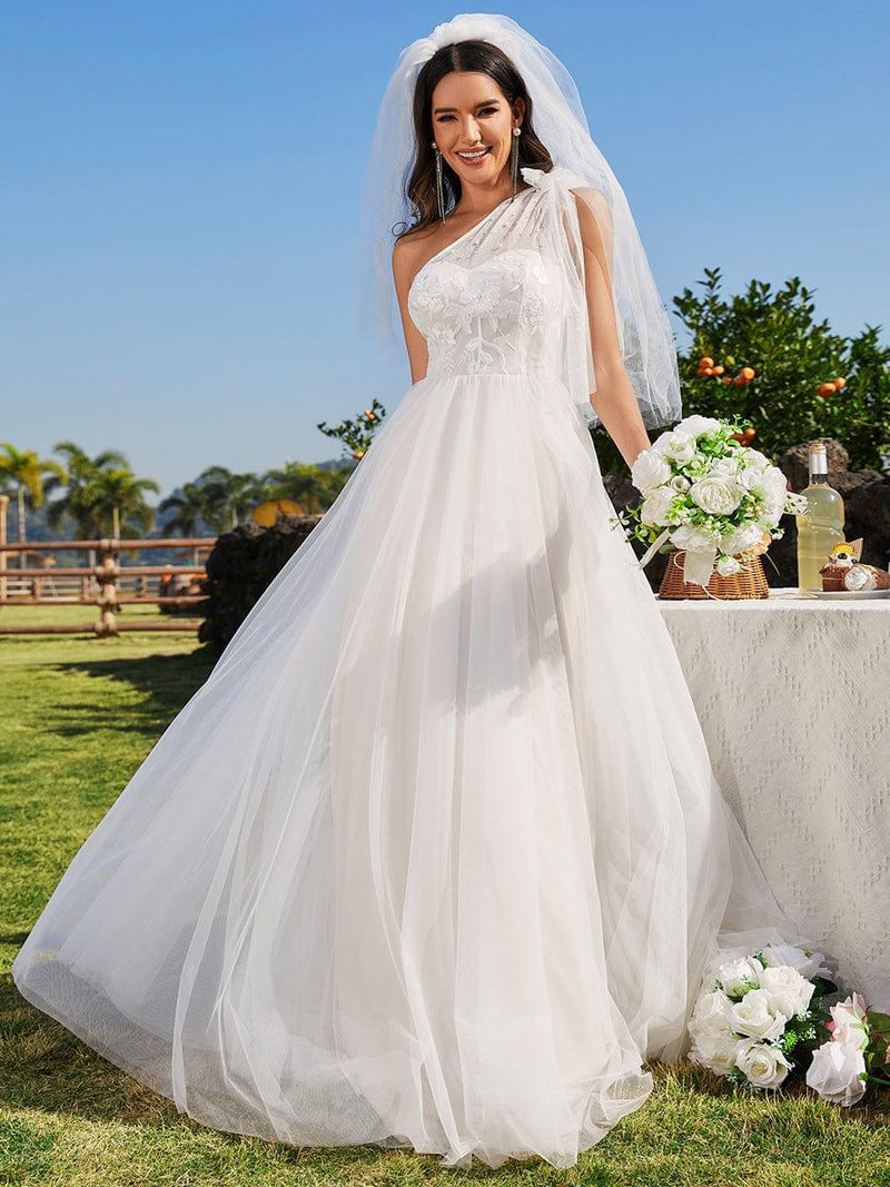MOROELLE'S BRIDE|One-Shoulder Backless Tulle Wedding Dress with Front Floral Print