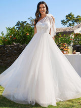 MOROELLE'S BRIDE|One-Shoulder Backless Tulle Wedding Dress with Front Floral Print