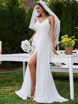 BALIENNE'S BRIDE|Printed Shoulder Straps V-Neck Chiffon High-Slit Wedding Dress