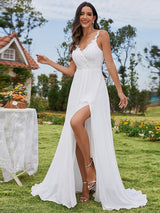 BALIENNE'S BRIDE|Printed Shoulder Straps V-Neck Chiffon High-Slit Wedding Dress