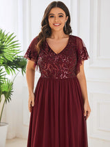 ever HAZEL|Elegant V-Neck Sequin A-Line Short Sleeves Chiffon Midi Formal Dress