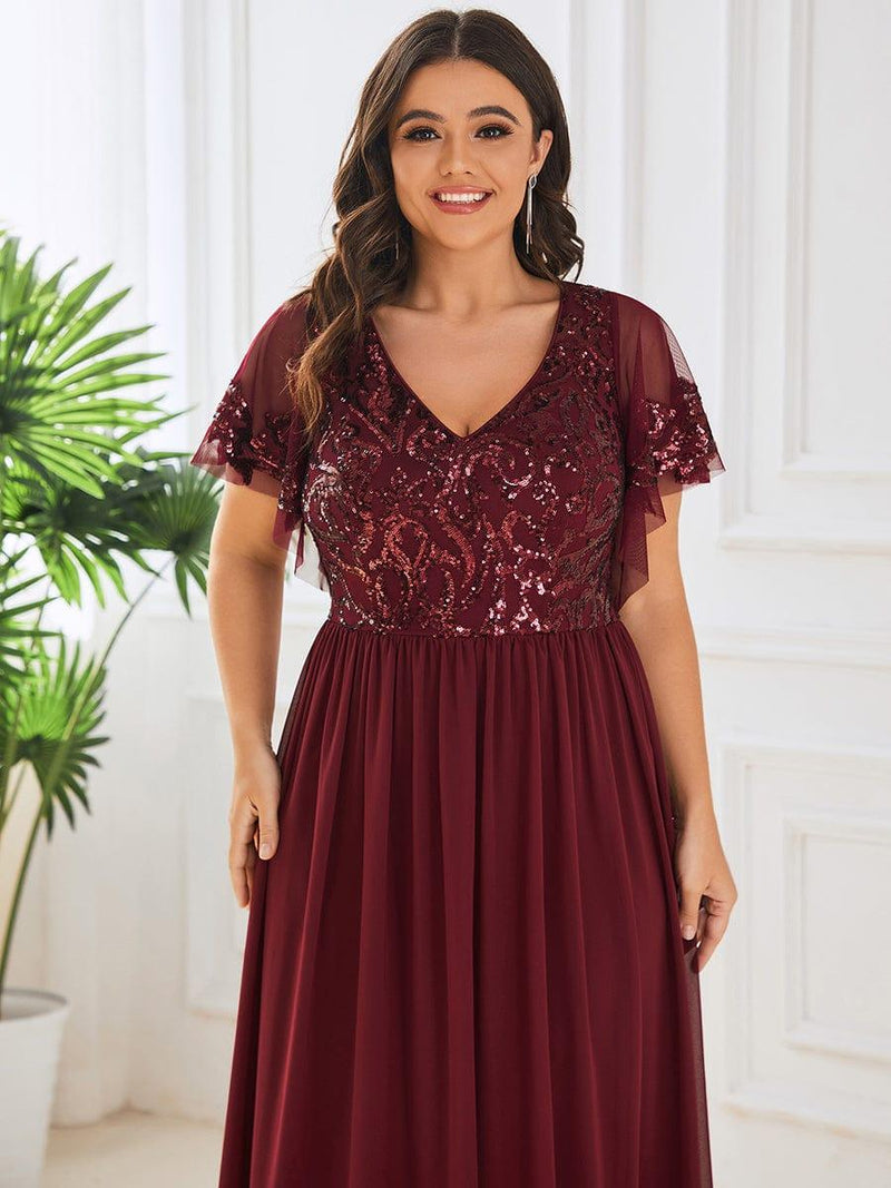 ever HAZEL|Elegant V-Neck Sequin A-Line Short Sleeves Chiffon Midi Formal Dress