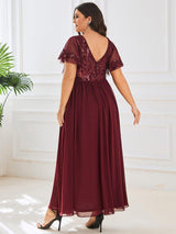 ever HAZEL|Elegant V-Neck Sequin A-Line Short Sleeves Chiffon Midi Formal Dress