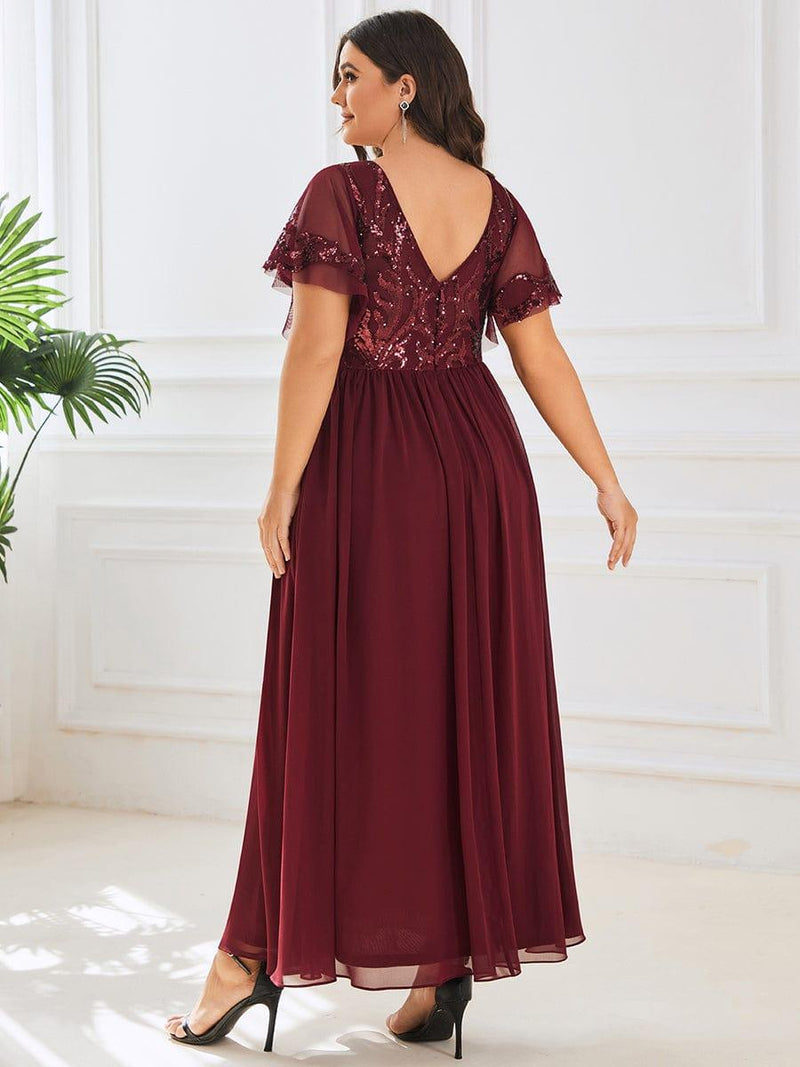 ever HAZEL|Elegant V-Neck Sequin A-Line Short Sleeves Chiffon Midi Formal Dress