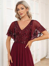 ever HAZEL|Elegant V-Neck Sequin A-Line Short Sleeves Chiffon Midi Formal Dress