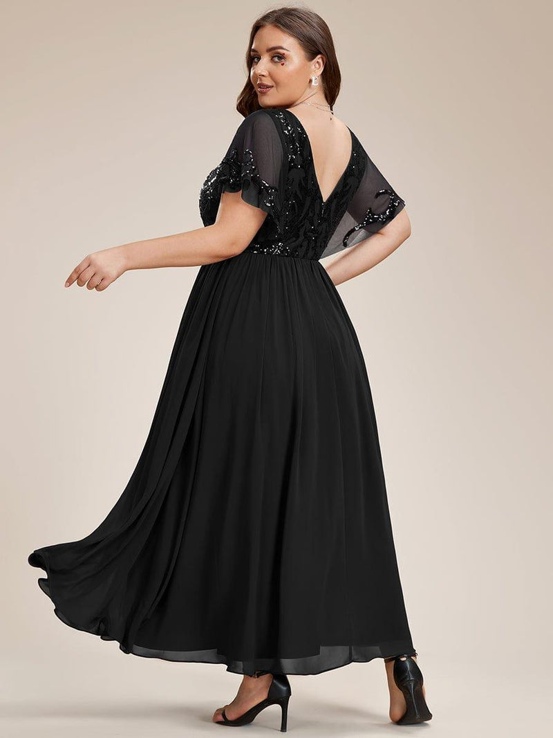 ever HAZEL|Elegant V-Neck Sequin A-Line Short Sleeves Chiffon Midi Formal Dress