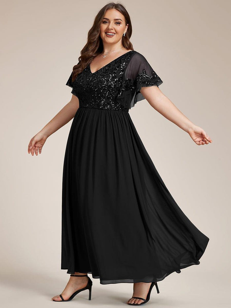 ever HAZEL|Elegant V-Neck Sequin A-Line Short Sleeves Chiffon Midi Formal Dress