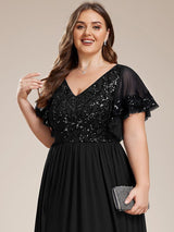 ever HAZEL|Elegant V-Neck Sequin A-Line Short Sleeves Chiffon Midi Formal Dress
