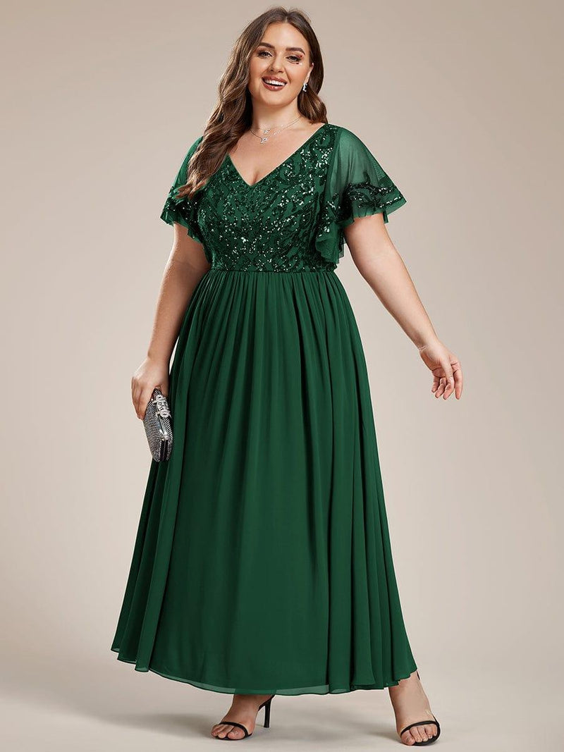 ever HAZEL|Elegant V-Neck Sequin A-Line Short Sleeves Chiffon Midi Formal Dress