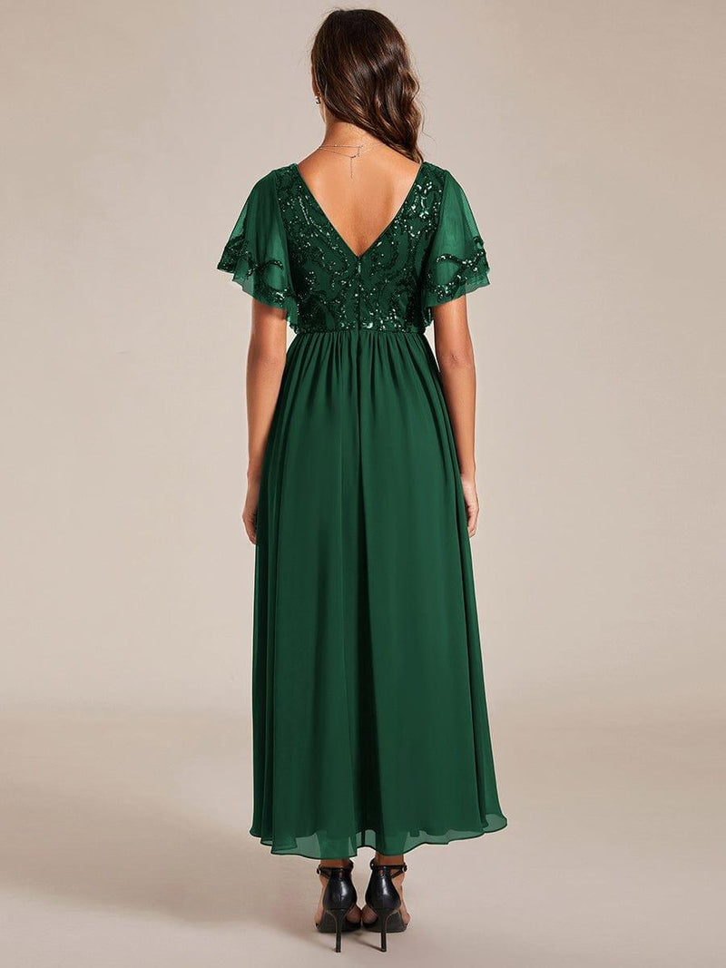 ever HAZEL|Elegant V-Neck Sequin A-Line Short Sleeves Chiffon Midi Formal Dress