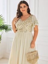 ever HAZEL|Elegant V-Neck Sequin A-Line Short Sleeves Chiffon Midi Formal Dress