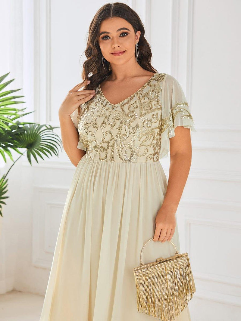 ever HAZEL|Elegant V-Neck Sequin A-Line Short Sleeves Chiffon Midi Formal Dress