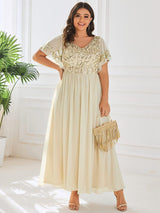ever HAZEL|Elegant V-Neck Sequin A-Line Short Sleeves Chiffon Midi Formal Dress
