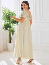 ever HAZEL|Elegant V-Neck Sequin A-Line Short Sleeves Chiffon Midi Formal Dress