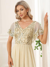 ever HAZEL|Elegant V-Neck Sequin A-Line Short Sleeves Chiffon Midi Formal Dress