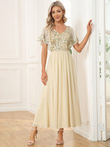 ever HAZEL|Elegant V-Neck Sequin A-Line Short Sleeves Chiffon Midi Formal Dress