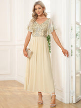 ever HAZEL|Elegant V-Neck Sequin A-Line Short Sleeves Chiffon Midi Formal Dress