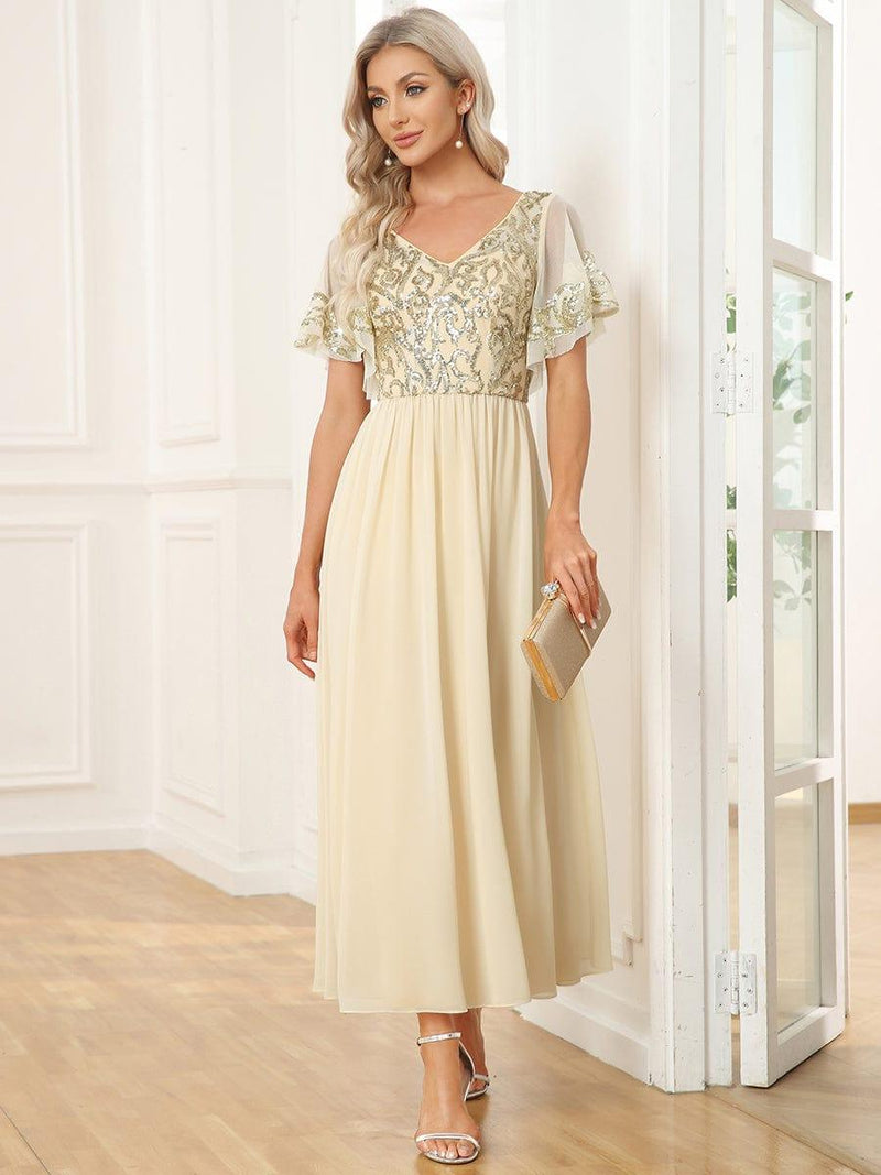 ever HAZEL|Elegant V-Neck Sequin A-Line Short Sleeves Chiffon Midi Formal Dress