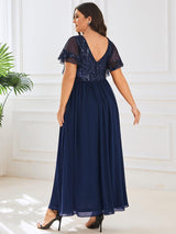 ever HAZEL|Elegant V-Neck Sequin A-Line Short Sleeves Chiffon Midi Formal Dress