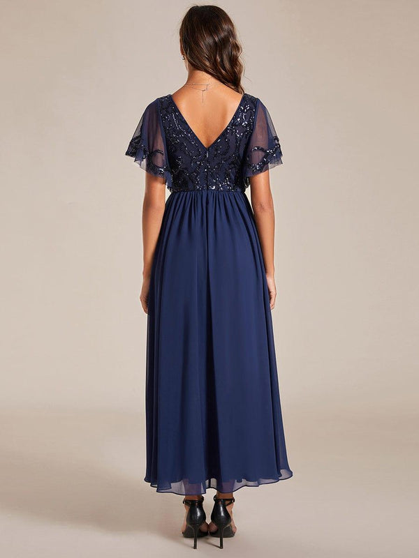 ever HAZEL|Elegant V-Neck Sequin A-Line Short Sleeves Chiffon Midi Formal Dress