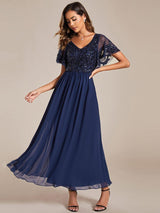 ever HAZEL|Elegant V-Neck Sequin A-Line Short Sleeves Chiffon Midi Formal Dress